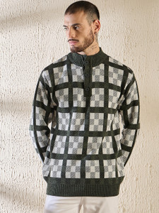 Pivl Checkered Turtle Neck Casual Men Dark Green Sweater