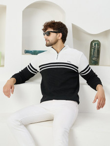 KVETOO Colorblock Collared Neck Casual Men Black, White Sweater