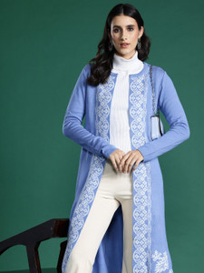Sangria Self Design Square Neck Formal Women Blue Sweater