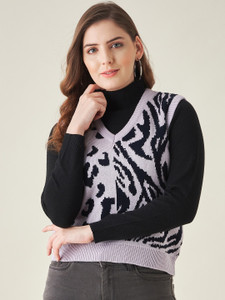 Modeve Printed V Neck Casual Women Purple Sweater