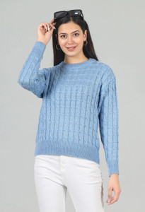 WOOLBERRY Self Design Round Neck Casual Women Light Blue Sweater
