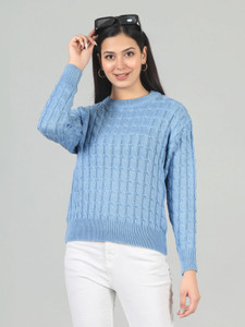 WOOLBERRY Self Design Round Neck Casual Women Light Blue Sweater