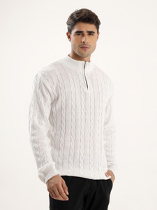 kveto Self Design High Neck Casual Men White Sweater
