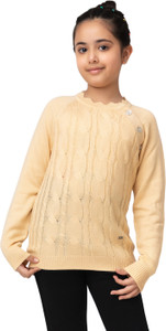 Purple United Kids Self Design Round Neck Casual Girls Beige Sweater