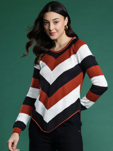 Dressberry Striped Round Neck Casual Women Red Sweater