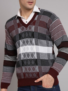 eWools Striped V Neck Casual Men Maroon Sweater