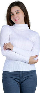 glam 16 Self Design Turtle Neck Casual Women White Sweater
