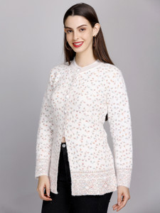 eWools Printed Round Neck Casual Women White Sweater