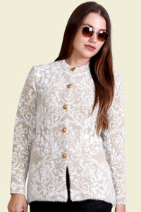 eWools Printed Round Neck Casual Women White Sweater