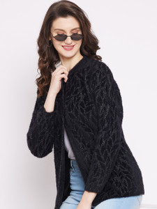 Zigo Self Design Round Neck Casual Women Black Sweater