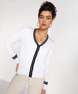 NUMERO UNO Solid V Neck Casual Women White Sweater