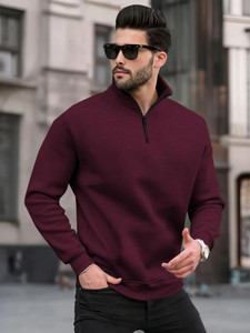 TRIPR Men Solid Collared Neck Maroon Sweater - Image 1