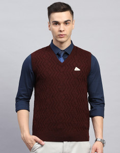 MONTE CARLO Self Design V Neck Casual Men Maroon Sweater