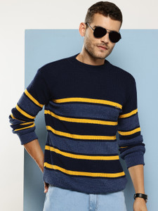 METRONAUT Striped, Colorblock Round Neck Casual Men Dark Blue Sweater