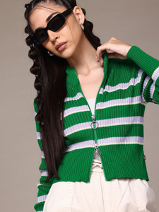 Roadster Striped Mandarin Neck Casual Women Green Sweater
