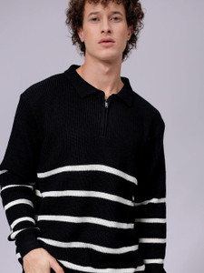 The Indian Garage Co. Striped Collared Neck Casual Men Black Sweater