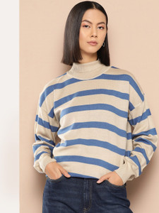 her by invictus Striped Turtle Neck Casual Women Blue, Beige Sweater