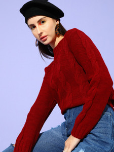 STREET9 Woven Round Neck Casual Women Red Sweater