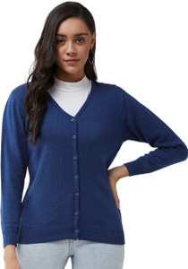 Pivl Solid V Neck Casual Women Blue Sweater