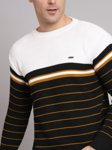 eWools Striped Round Neck Casual Men White Sweater