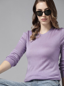 Roadster Solid Round Neck Casual Women Purple Sweater