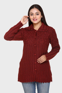 Ozarro Embroidered Collared Neck Casual Women Maroon Sweater