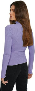 Clothy Solid, Striped High Neck Casual Women Purple Sweater