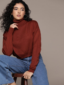 Roadster Solid Turtle Neck Casual Women Brown Sweater