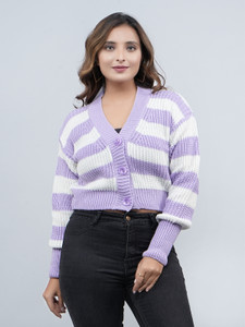 FEVERFEW Striped V Neck Party Women Purple Sweater