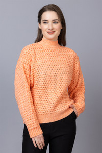 StyleDusk Self Design High Neck Casual Women Orange Sweater
