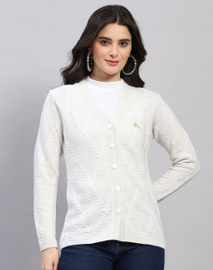 MONTE CARLO Printed V Neck Casual Women White Sweater