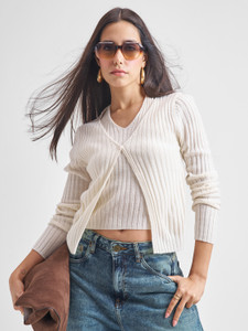 Tokyo Talkies Self Design Round Neck Casual Women White Sweater