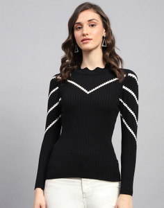MONTE CARLO Striped Round Neck Casual Women Black Sweater