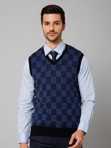CANTABIL Checkered V Neck Formal Men Reversible Blue Sweater