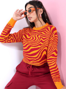 Tokyo Talkies Printed Crew Neck Casual Women Red, Yellow Sweater