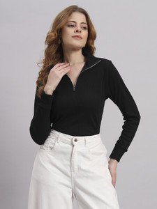 BLACK BLINK Striped High Neck Party Women Black Sweater