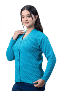Woolvella Solid V Neck Casual Women Blue Sweater