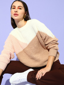 STREET9 Colorblock Round Neck Casual Women Brown, White Sweater