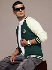 Roadster Striped High Neck Casual Men Green Sweater