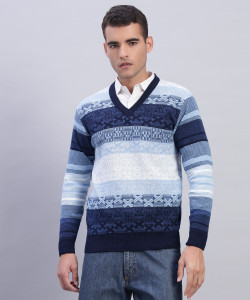 WILLEY Woven V Neck Casual Men Blue Sweater