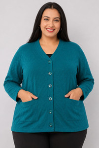 LE ARC Self Design V Neck Casual Women Blue Sweater