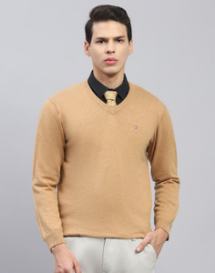 MONTE CARLO Solid Round Neck Casual Men Beige Sweater