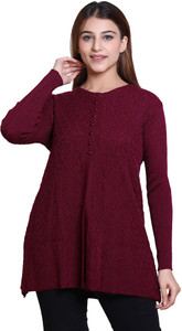 Winter knit Self Design Round Neck Casual Women Maroon Sweater