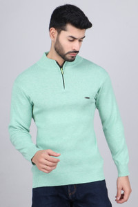 HouseOfCommon Solid High Neck Casual Men Light Green Sweater