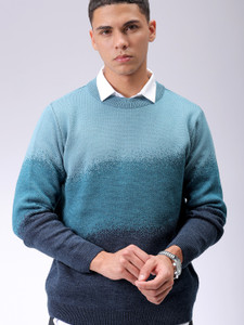 The Indian Garage Co. Self Design Crew Neck Casual Men Blue Sweater