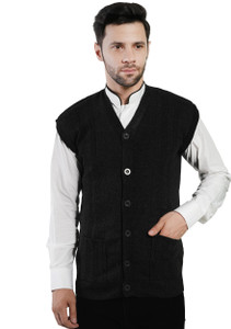 manra Self Design V Neck Casual Men Black Sweater