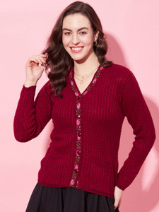 Modeve Floral Print V Neck Casual Women Red Sweater