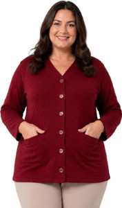 LE ARC Self Design V Neck Casual Women Maroon Sweater