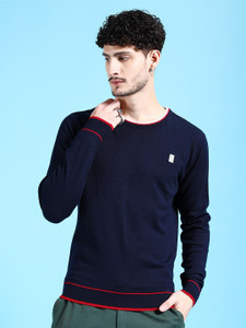The Indian Garage Co. Self Design Crew Neck Casual Men Dark Blue Sweater