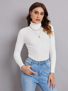 TANDUL Solid High Neck Casual Women White Sweater